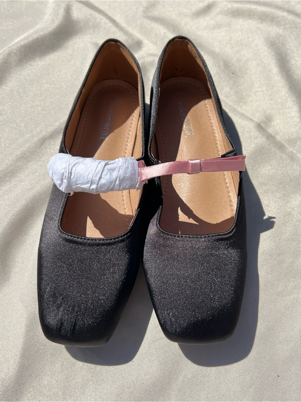 Black Satin Mary Jane Flats with Pink Strap